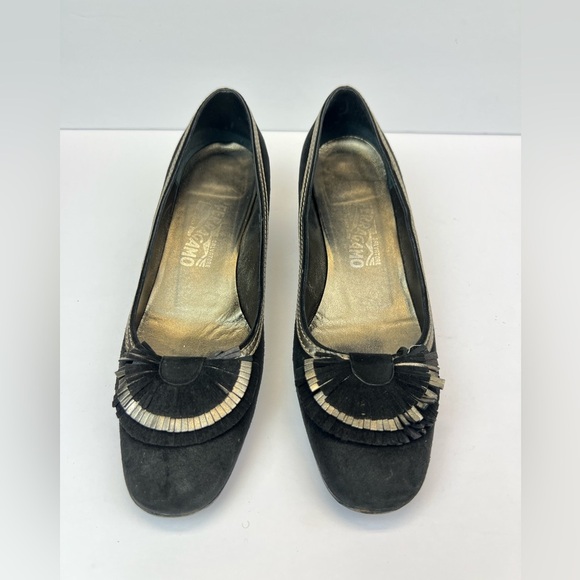 Salvatore Ferragamo Black and Gold Flats with Decorative Toe Size 9 Suede - Picture 10 of 10